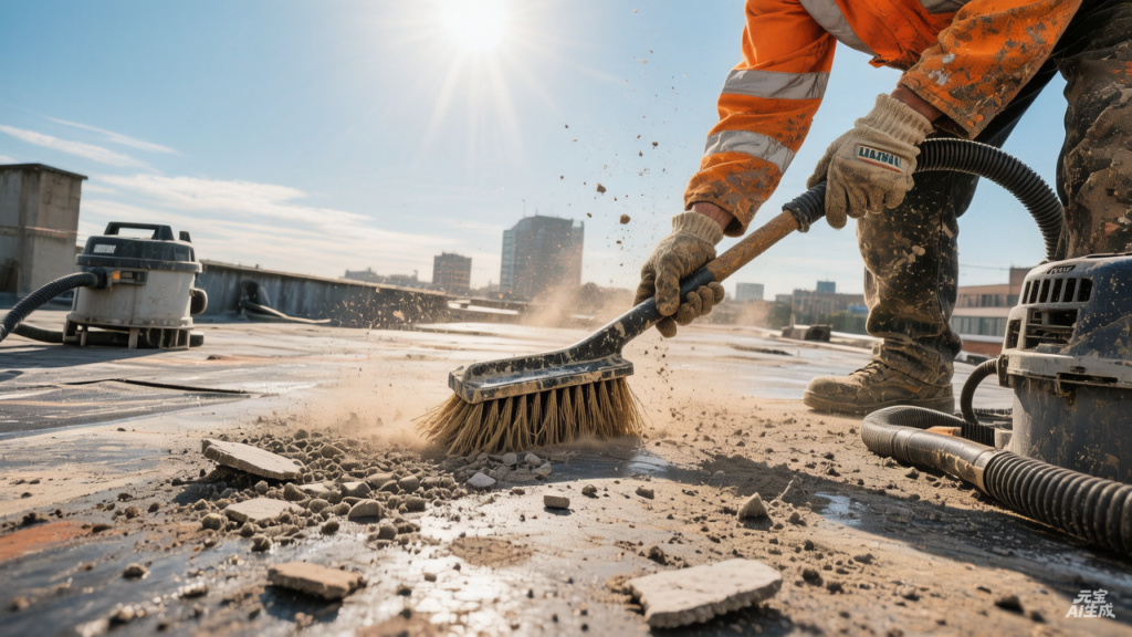 Roof surface cleaning before waterproofing application, removing dust and debris