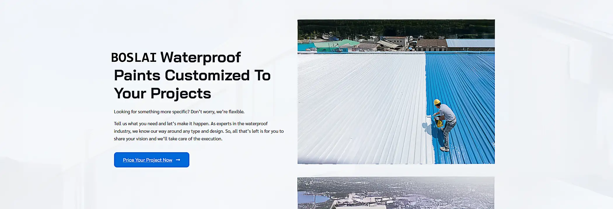 Workers applying waterproof coating on metal roof for industrial building